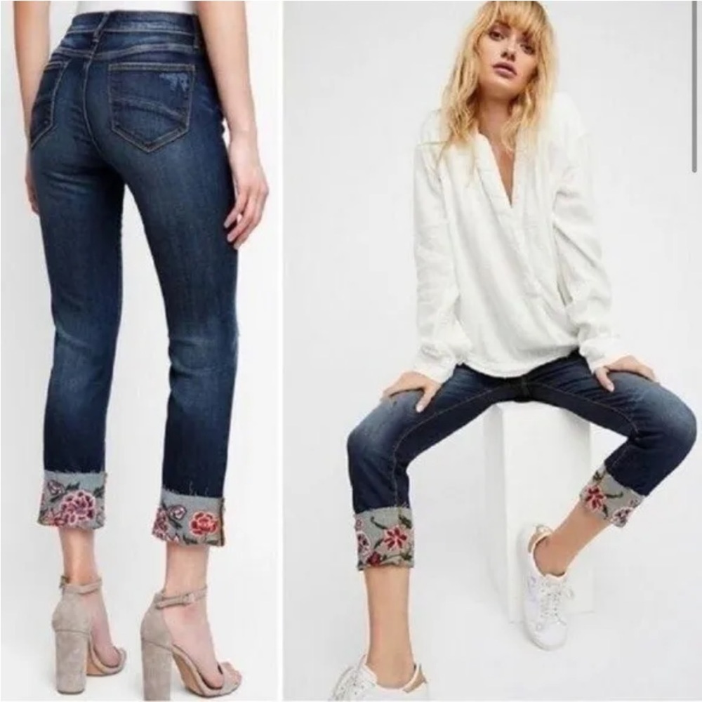 Driftwood Colette jeans embroidered bottom stretchy denim EUC